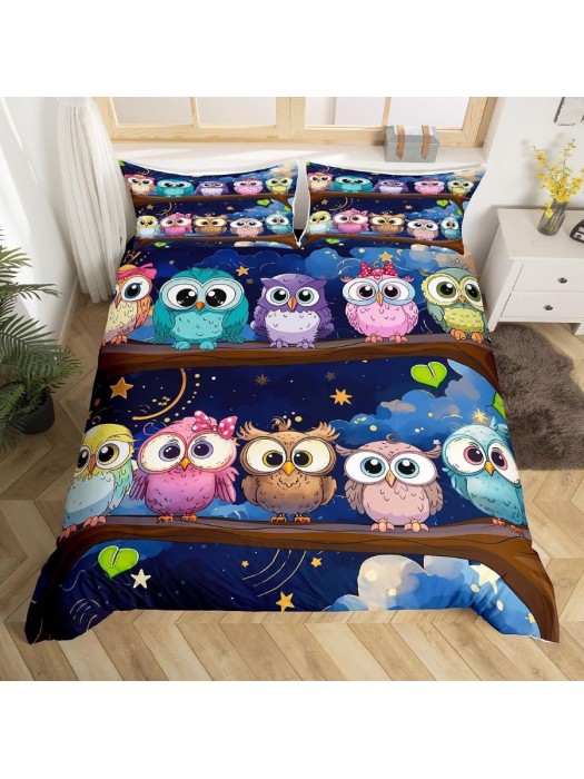 Set Copri Piumone Lenzuolo Federe Copripiumino Gufi Owls Duvet Cover BED0054B